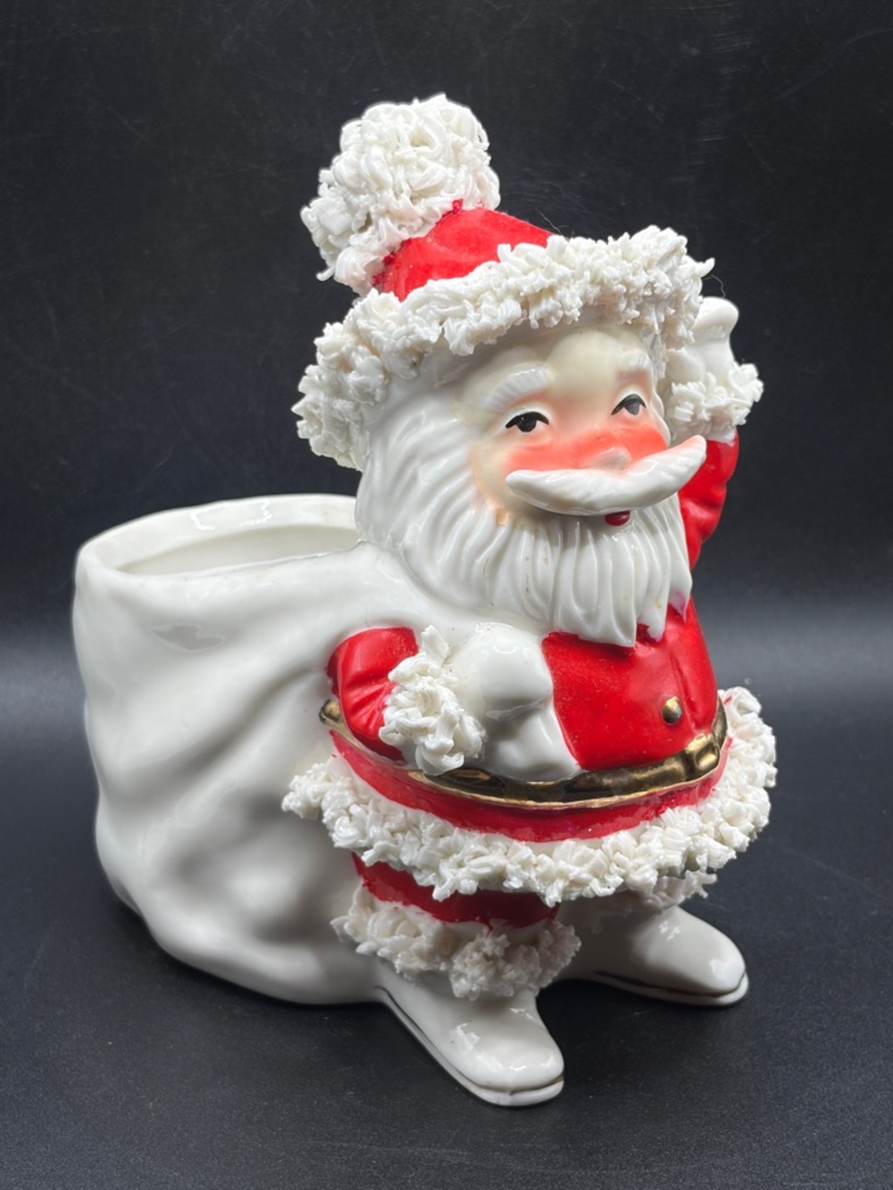 Vintage Hand Painted Spaghetti Porcelain Santa Claus Holiday Planter Vessel